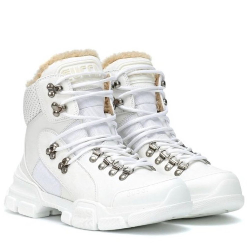Gucci Women's White Flashtrek Leather Ankle Fur Boots Sz 41.5 / 10.5 US